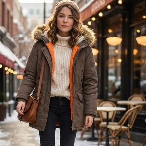 ✨Unisex Brown Military Field Cargo Utility Parka Jacket Coat with Fur Hood